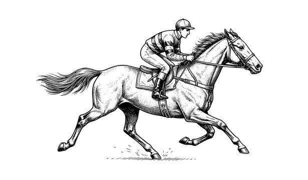 Detailed horse racing jockey riding purebred galloping stallion hand drawn sketch vector illustration isolated on white background for sports