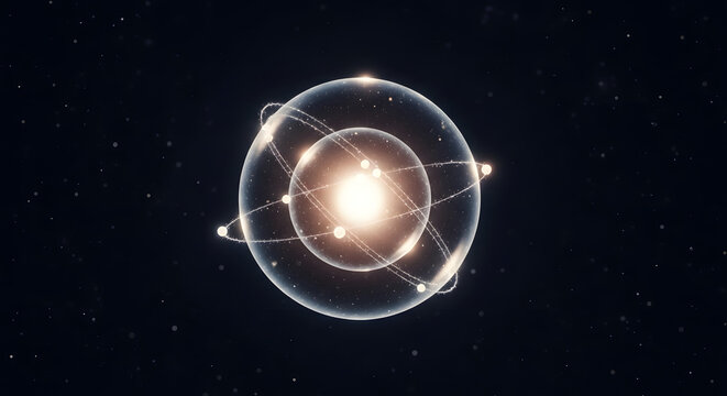 Abstract 3d illustration of an atom with glowing nucleus and electrons
