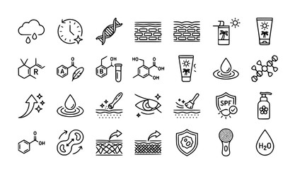 Fototapeta premium Skincare science line icon set featuring dermal layers chemical formulas retinol vitamins spf protection and anti aging beauty routine elements