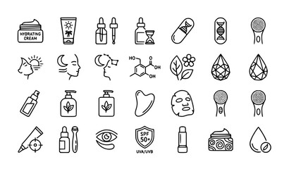 Skincare routine line icon set featuring moisturizing cream serum droppers gua sha stone face mask and anti aging treatment © Mohammad