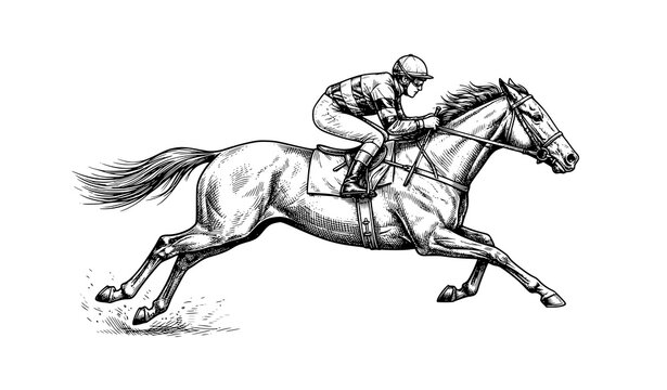 Horse racing jockey riding thoroughbred stallion hand drawn sketch vector illustration isolated on a white background for equestrian sports