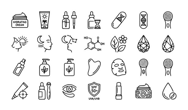 Skincare routine line icon set featuring moisturizing cream serum droppers gua sha stone face mask and anti aging treatment