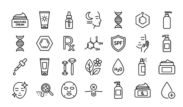 Skincare icon set line vector elements for dermatology beauty routine cosmetic products packaging web application and interface design