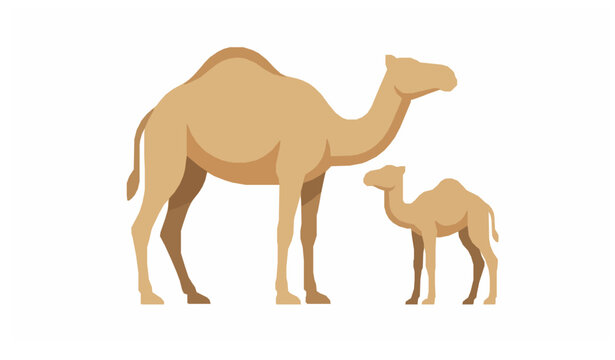 Camel mother with her small cute calf flat vector illustration isolated on white background for wildlife or desert theme designs