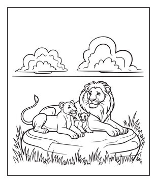 Jungle animal lion sleeping with its baby coloring page for kids, black line art vector illustration children educational activity book