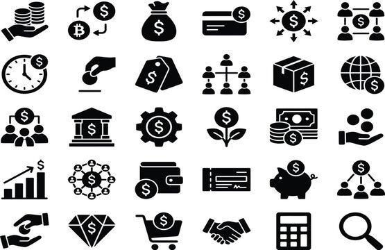 black and white financial icons set money and business symbols high quality professional detailed modern elegant stylish clean crisp vibrant colorful digital
