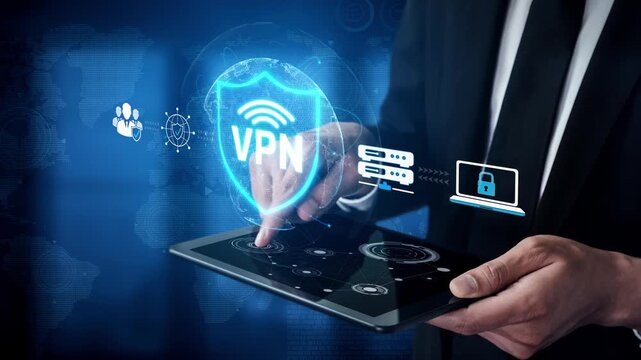 Person Using Tablet to Access Virtual Private Network Technology for Enhanced Online Privacy and Data Security in Modern Digital Environment Sigmoid