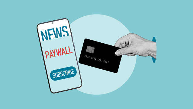 Paywall concept, restricted online content access, subscription based media model, locked digital articles, premium content barrier, monetization strategy, user access control and paid information