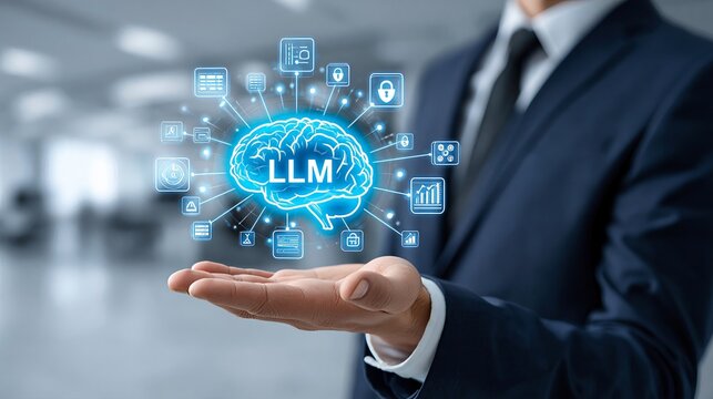 Innovative llm technology showcase business conference digital display corporate office eye-level perspective ai impact