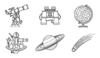 Astronomy and Space Exploration Icons Set Featuring Telescopes, Globes, and Celestial Bodies © Mohammad