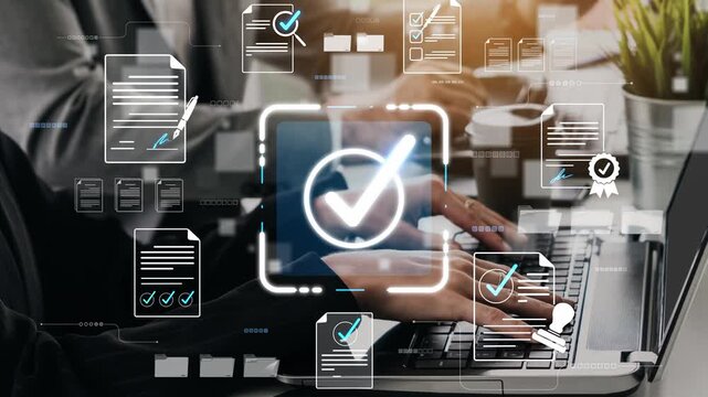Digital Confirmation and Verification Process Represented by Check Mark Overlaid on Laptop with Business Documents and Symbols Sigmoid