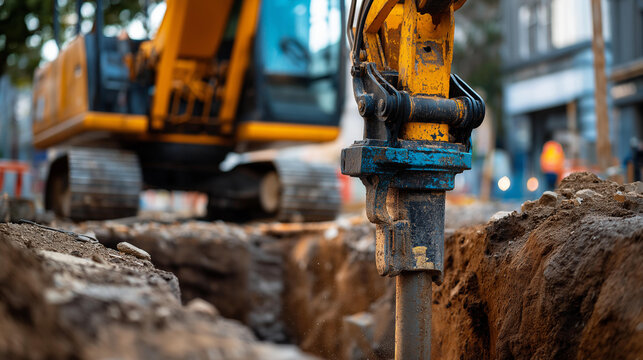 A hydraulic excavator with a jackhammer attachment breaking concrete inside a deep construction trench, hydraulic excavator, jackhammer, concrete breaking, construction trench, demolition, heavy
