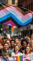 Fototapeta premium Diverse group of people celebrating at a Pride parade holding various pride flags, symbolizing community, acceptance, and diversity, perfect for LGBTQ+ advocacy or social event themes