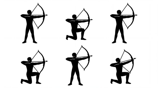 Silhouettes of archers holding bows and aiming arrows at targets presented in a collection on white background