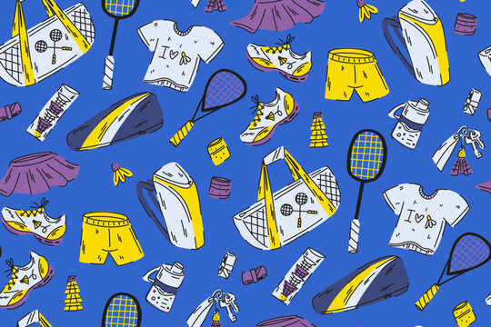 Badminton Equipment Collection Seamless Pattern Rackets, bags, sportswear, shuttlecocks, sports activities in a stylish blue and yellow palette