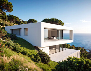 Obraz premium Modern minimalist white villa overlooking the ocean. Sleek geometric architecture on a green hillside evokes luxury and serenity. Ideal for real estate, travel, and highend lifestyle media.