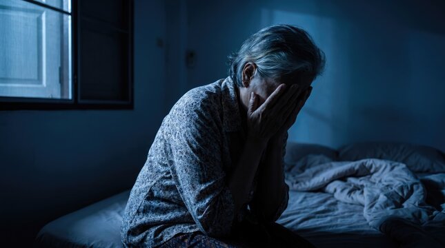 Elderly woman sitting on bed and crying with hands covering face in dark bedroom, lonely grandmother feeling depressed and suffering from mental health issues.
