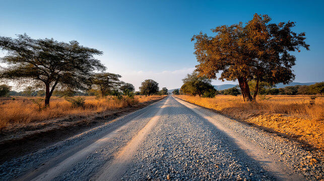 An empty gravel road lined with dusty shrubs and trees stretching into the distance under a clear blue sky, gravel road, road construction, dusty shrubs, diminishing perspective, rural