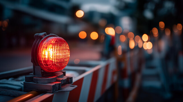 A flashing red warning light mounted on a striped construction barrier in dim evening light, red warning light, construction barrier, hazard signal, restricted area, industrial, road safety,