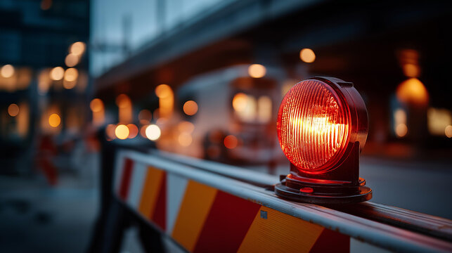 A flashing red warning light mounted on a striped construction barrier in dim evening light, red warning light, construction barrier, hazard signal, restricted area, industrial, road safety,