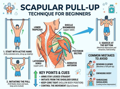 Scapular Pull-Up Technique Guide for Beginners, Anatomy of Shoulder Activation and Back Muscles, Calisthenics Warm-Up Infographic with Form Cues and Common Mistakes to Avoid
