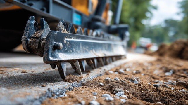 A grader's serrated steel blade resting just above a graveled road surface, grader blade, gravel road, steel detail, heavy equipment, road grading, industrial scene, machinery close up,
