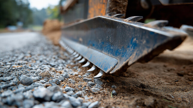 A grader's serrated steel blade resting just above a graveled road surface, grader blade, gravel road, steel detail, heavy equipment, road grading, industrial scene, machinery close up,