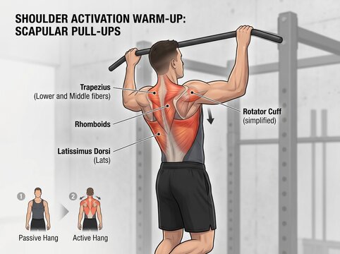 Scapular Pull-Up Technique Guide for Beginners, Anatomy of Shoulder Girdle Muscles Trapezius and Rhomboids, Calisthenics Warm-Up Infographic for Proper Form and Common Mistakes