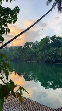 Bohol Philippines, vertical 4K video of a serene evening scene of the calm rippling water of the Loboc River surrounded by lush greenery like palm trees outdoor during dusk on Bolhol Island in Asia.