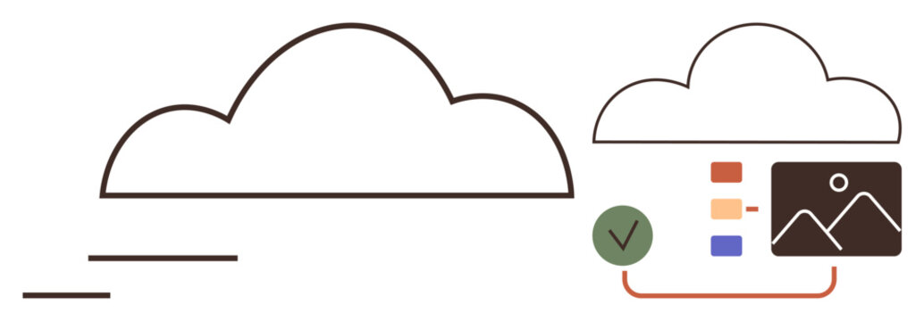 Data management, tech tools, cloud storage, file sharing, online organization, digital services. Image a cloud icon with multimedia and data elements. Data management and tech tools concept