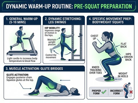 Dynamic Warm-Up Routine for Pre-Squat Preparation, Steps for Cardio Leg Swings Glute Bridges and Bodyweight Squats, Fitness Training Infographic