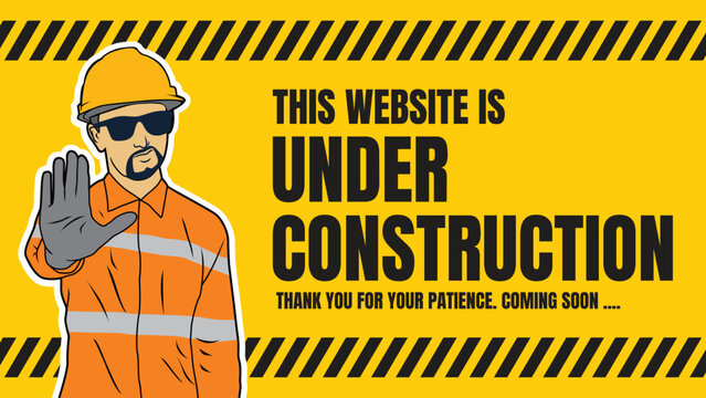 Under construction website page. The image depicts an industrial worker with his right hand outstretched. The color scheme is dark yellow with black lines and the text "This website is under construct