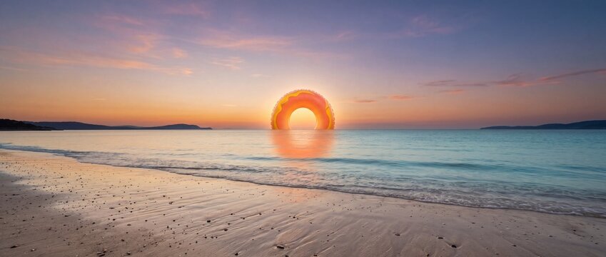 Surreal beach sunset with a giant inflatable swim ring on the horizon, glowing like the sun above calm sea and wet sand, creating a dreamy summer vacation and leisure concept.