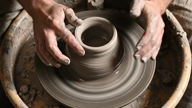 This captures a person's hands expertly molding a clay pot on a pottery wheel, showcasing their skill and attention to detail in a studio setting.
