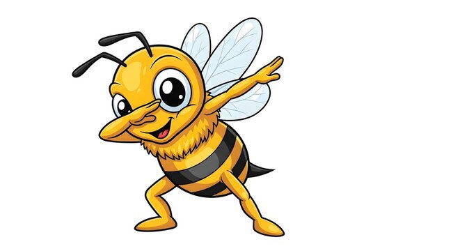 Cute cartoon bee dabbing dance pose on white.