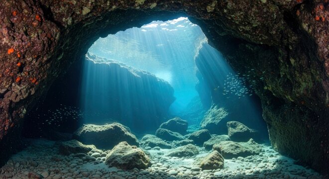 Underwater Cave with Sun Rays and Small Fish