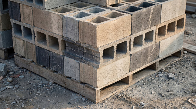 Stacked Concrete Breeze Blocks on Wooden Pallet at Construction Site