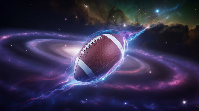 Futuristic football with cosmic energy swirls and space background, sci