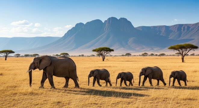 Elephant Family Walking on African Savannah