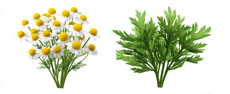 High-resolution Matricaria chamomilla and Levisticum officinale dance against a pristine white backdrop