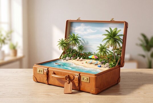 Open vintage suitcase revealing a tropical beach miniature with palm trees, sea, sand and lounge chairs on a table indoors. Creative travel concept for summer tourism, holiday planning and escape.
