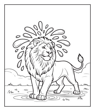 Jungle animal lion in nature coloring page for kids, black line art vector illustration children educational activity book