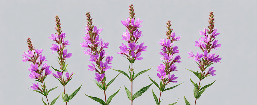 Lythrum alatum (winged loosestrife) showcased from the side on a light gray backdrop.