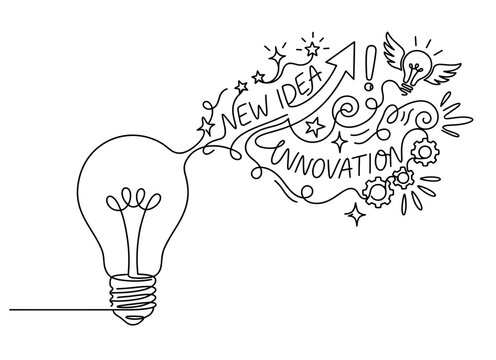 Continuous line drawing of light bulb with creative elements, innovation and new idea concept, hand drawn vector illustration