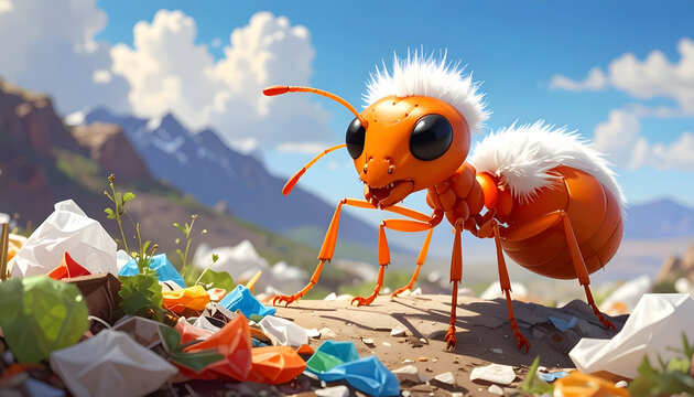 Anthropomorphic Ant Character Navigating a Landscape Littered with Plastic Waste.