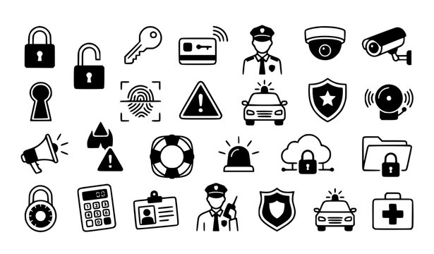 Security icon set with mixed outline and glyph lock key surveillance and access control symbols vector illustration