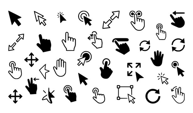 Click cursor icon set with mixed outline and glyph mouse pointer hand and finger interaction symbols vector illustration