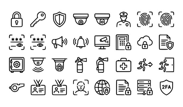 Security line icon set with lock key surveillance camera and access control safety symbols editable stroke vector