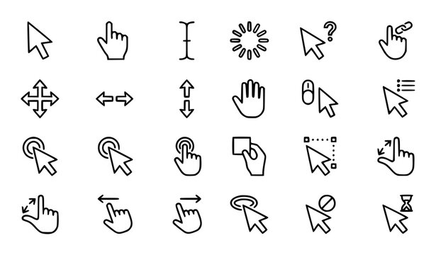 Click cursor line icon set with mouse pointer hand click and UI interaction symbols editable stroke vector collection