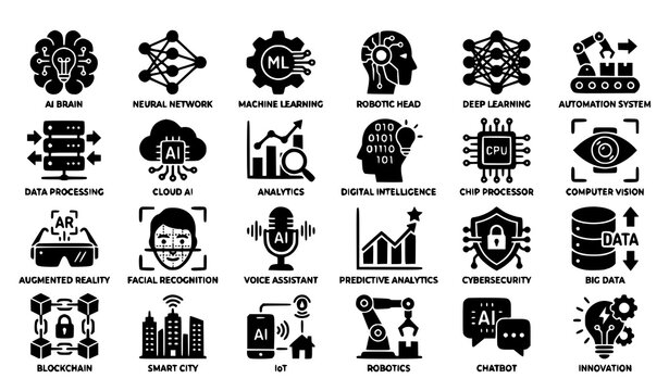 Artificial intelligence solid icon set with AI brain machine learning neural network and technology symbols vector collection